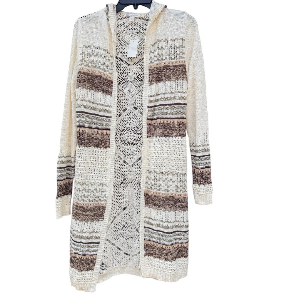 Cato Womens Open Knit Hooded Duster Cardigan Sweater Olive Brown Striped S NEW